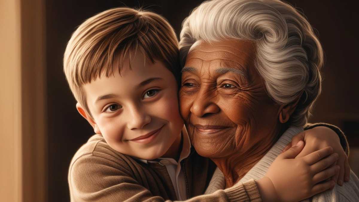 An elderly woman with silver hair lovingly embraces a young boy, both smiling warmly. The boy has light brown hair and wears a beige sweater, while the grandmother's face shows deep wrinkles and gentle joy. They are surrounded by soft, warm lighting that highlights their close bond.