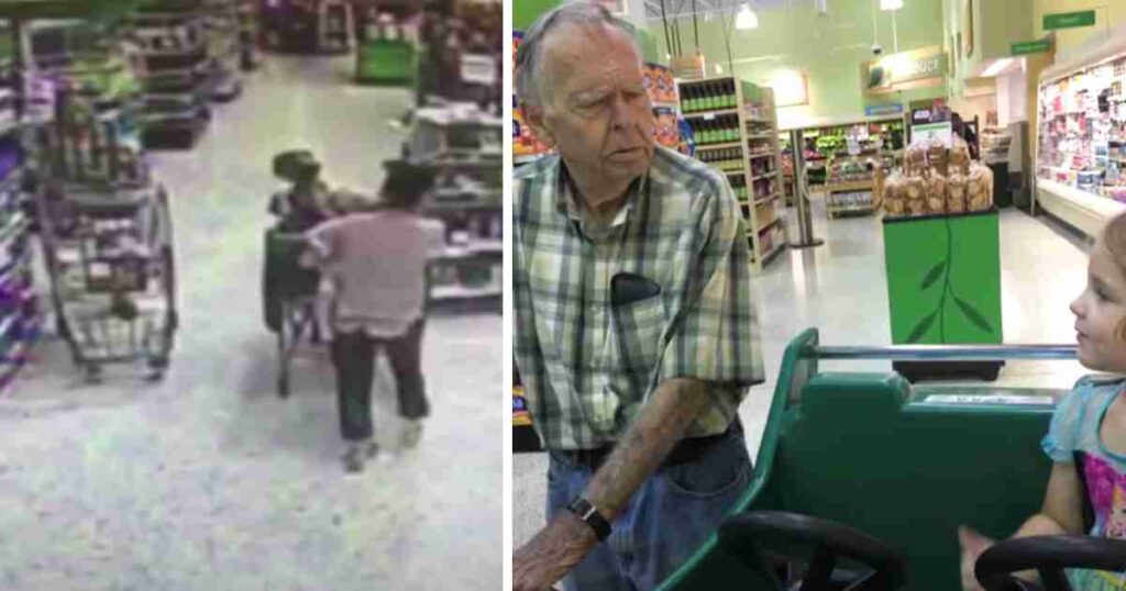 Left side: Blurry surveillance footage shows a woman pushing a shopping cart in a grocery store aisle. Right side: An elderly man and a young girl have a sweet conversation while standing beside a shopping cart inside a brightly lit grocery store.