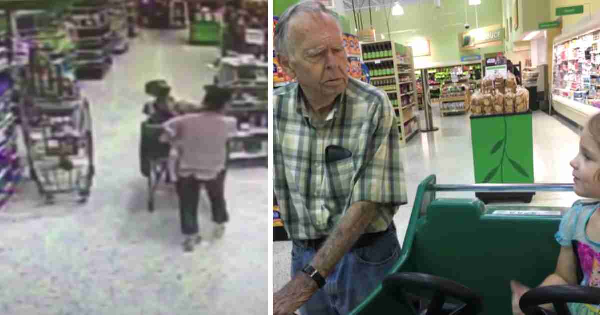 Left side: Blurry surveillance footage shows a woman pushing a shopping cart in a grocery store aisle. Right side: An elderly man and a young girl have a sweet conversation while standing beside a shopping cart inside a brightly lit grocery store.
