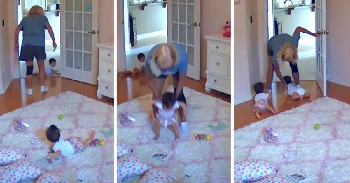 A humorous sequence of three images shows a grandmother chasing after her twin grandchildren. In the first image, one baby crawls quickly out of the room while the other stays on a plush rug. In the second, the grandmother lifts one baby mid-crawl. In the third, she reaches for the other baby, who is escaping through the doorway.