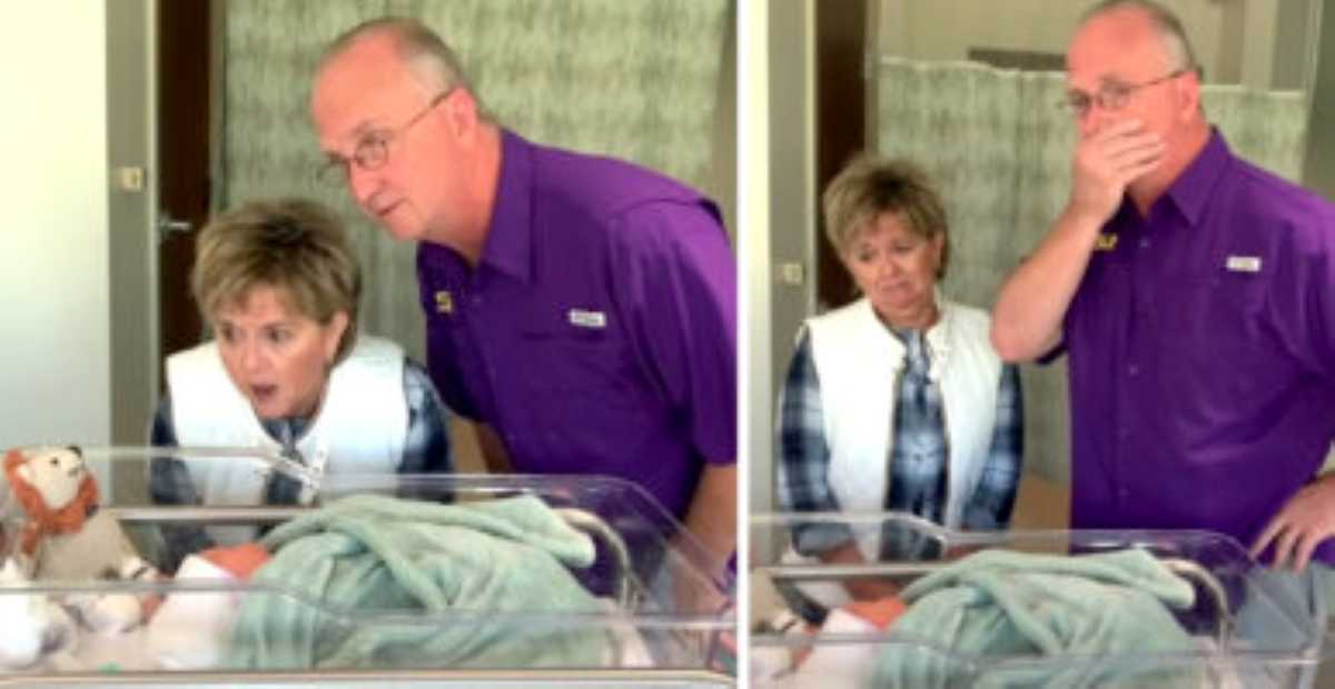 A side-by-side collage shows grandparents reacting to seeing a newborn. In the first image, they look astonished and happy; in the second, they appear emotional and moved to tears.