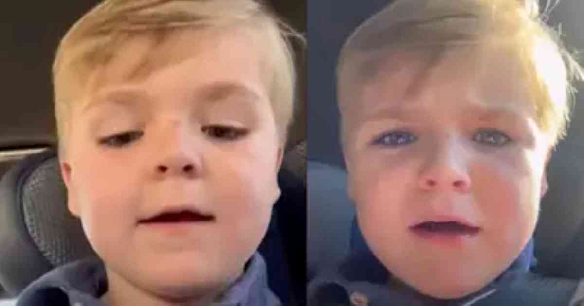 Two close-up images of a young boy with blond hair, in a car seat, wearing a navy blue jacket. In the first image, he is looking directly at the camera, and in the second, he appears to be speaking or expressing concern.
