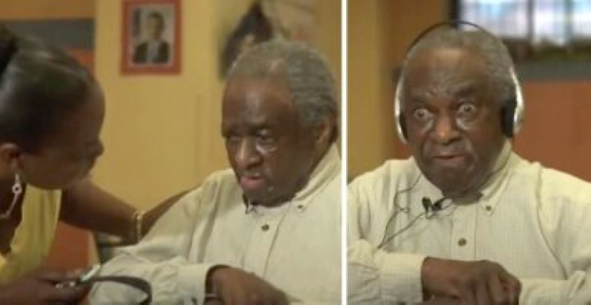 A side-by-side comparison shows an elderly man in a nursing home. On the left, he looks disengaged while a woman gently leans in to speak to him. On the right, he wears headphones and his eyes are wide open in a joyful, surprised expression as he listens to music.