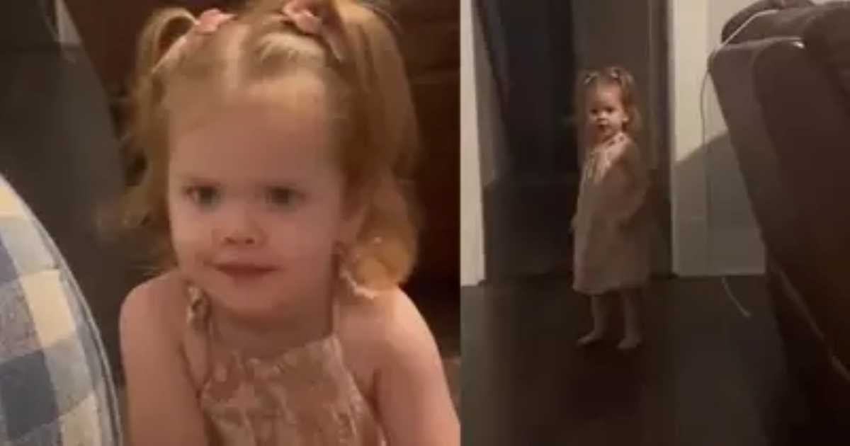 Young girl with pigtails wearing a pink dress, shown in two frames—one close-up with a mischievous smile and the other standing barefoot in a hallway, looking back toward the camera.