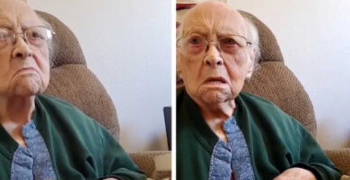 Side-by-side photos of an elderly woman sitting in a brown recliner, wearing glasses and a green cardigan. In the first image, she looks serious and slightly puzzled; in the second, she appears surprised and confused.