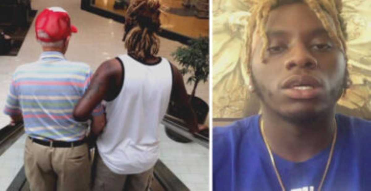 Split image showing a young man gently holding the arm of an elderly man as they stand at the top of an escalator in a mall (left), and a close-up of the young man, Alonzo Johnson, speaking to the camera while wearing a blue shirt (right).