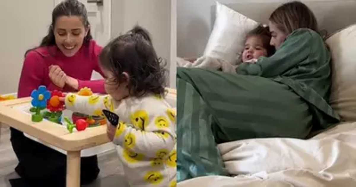 Split image of two tender mother-child moments. On the left, a mother in a red sweater smiles while watching her toddler play with a colorful flower toy at a small table. On the right, a mother in green pajamas cuddles in bed with her toddler, both looking cozy and content under a blanket.