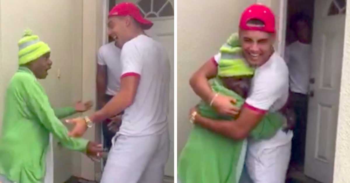 A heartwarming moment as a young man in a red cap and white outfit surprises his elderly grandmother, who is wearing a green sweater and neon-striped beanie. In the first frame, she reacts with shock and excitement; in the second frame, they embrace joyfully at the front door, both smiling brightly.