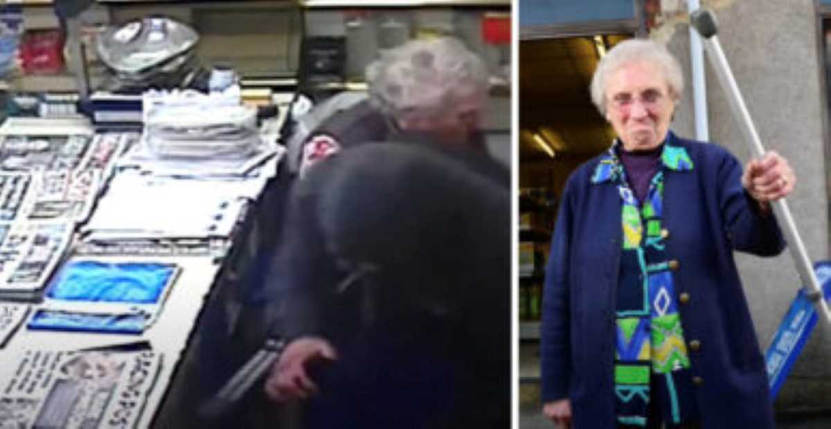 Left side: Surveillance footage showing an elderly woman confronting a hooded robber behind a counter in a store. Right side: An elderly woman with white hair confidently holding a cane outside a shop, wearing a colorful outfit and blue coat.