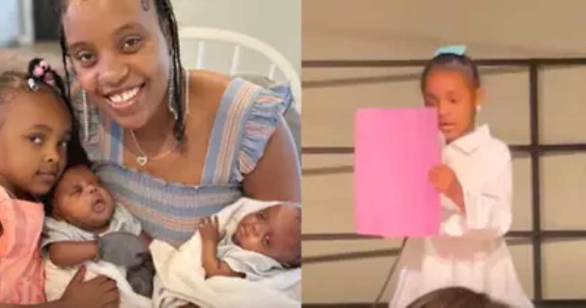 On the left, a smiling woman poses with three children, including two infants wrapped in blankets and a young girl hugging them. On the right, a girl in a white dress stands reading from a large pink paper in front of a group.