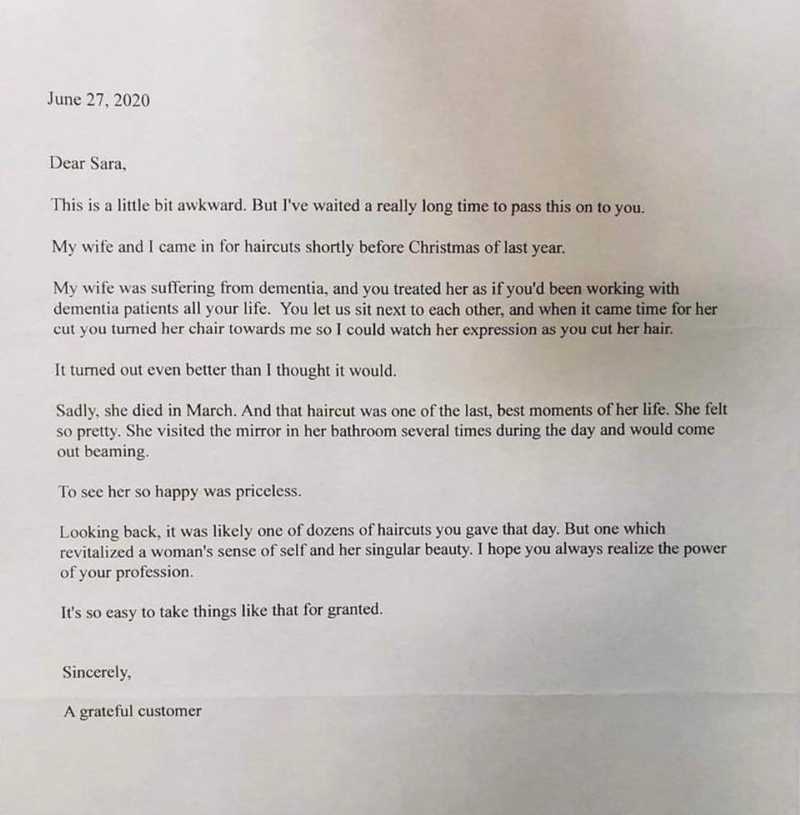 A close-up image of a typed letter dated June 27, 2020, addressed to someone named Sara. The letter is from a man thanking a hairdresser for the kindness she showed his wife, who had dementia. He shares that the haircut was one of her last joyful moments before she passed away in March. The letter expresses deep gratitude and reflects on how meaningful the experience was.