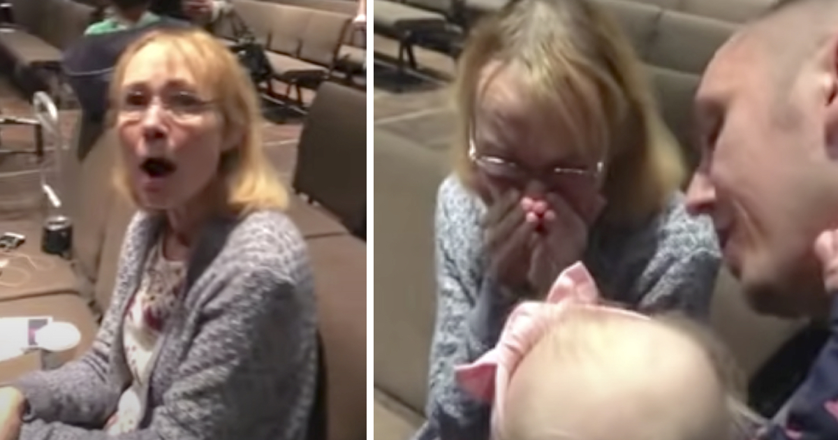 A woman with blonde hair and glasses sits in a church pew, reacting with surprise and emotion. In the first image, her mouth is open in shock. In the second image, she covers her mouth with both hands, appearing overwhelmed and teary-eyed, as a man and a baby with a pink bow face her closely. The setting is warm and intimate, filled with visible emotion.