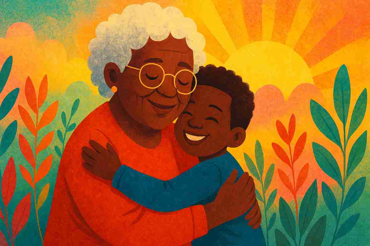 A colorful, textured digital illustration shows a joyful moment between a Black grandmother and her young grandson. They are embracing tightly with their eyes closed and wide smiles on their faces. The grandmother has short curly white hair, gold earrings, and round glasses, and wears a bright red sweater. The boy has curly dark hair and wears a deep blue shirt. Behind them, the background glows with a warm sunrise of golden yellow and orange hues, surrounded by stylized leaves in teal, red, and green. The overall mood is warm, loving, and peaceful.