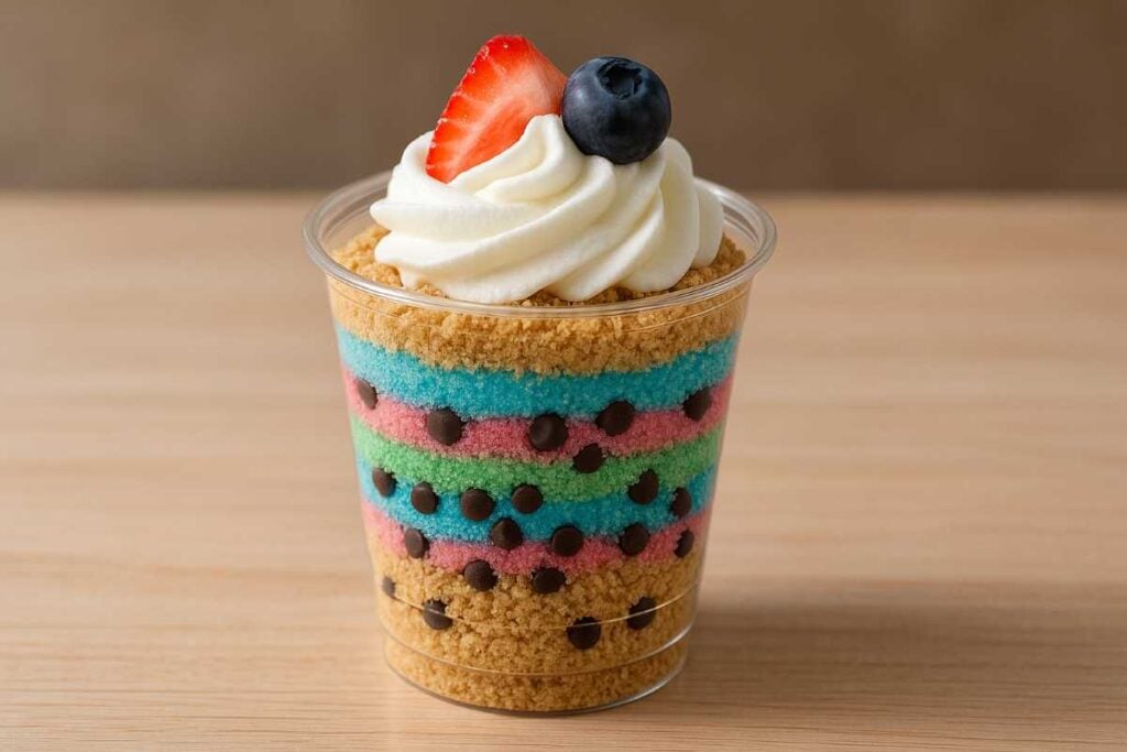 A clear plastic cup filled with colorful layers of blue, pink, and green sugar, chocolate chips, and crushed graham crackers, topped with whipped cream, a strawberry slice, and a blueberry.
