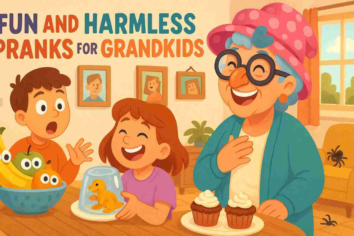 A cheerful 2D illustration showing a grandmother and her grandkids laughing together in a sunny living room, surrounded by playful pranks like googly-eyed fruit, cupcakes made of meatloaf, a toy trapped in Jell-O, and fake spiders—perfectly capturing the theme "fun and harmless pranks for grandkids."