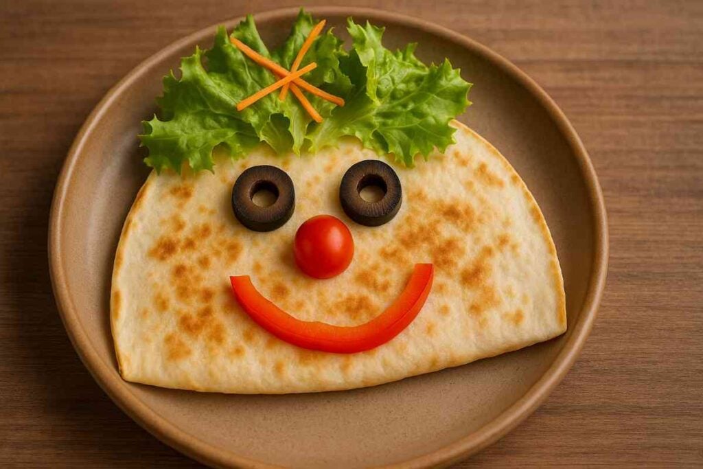 A folded quesadilla on a plate decorated with black olives for eyes, a cherry tomato nose, a red bell pepper smile, and lettuce and shredded carrots as hair to resemble a smiling face.