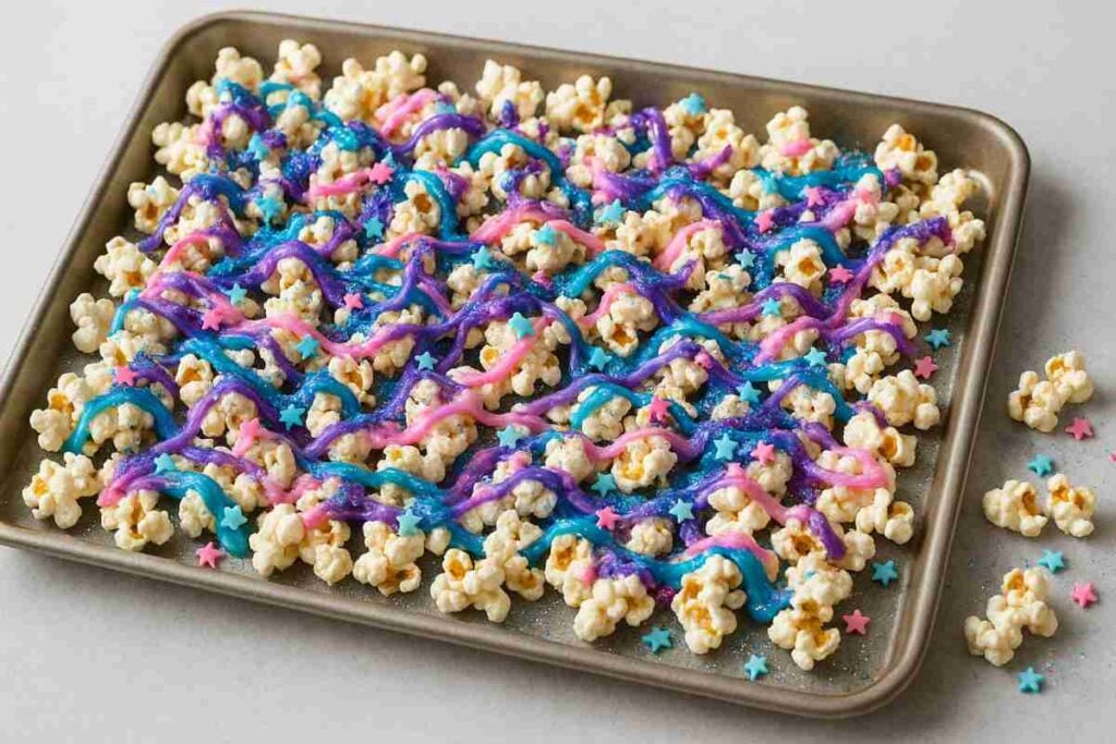 A baking sheet filled with popcorn drizzled with blue, purple, and pink icing and sprinkled with colorful star-shaped candy.