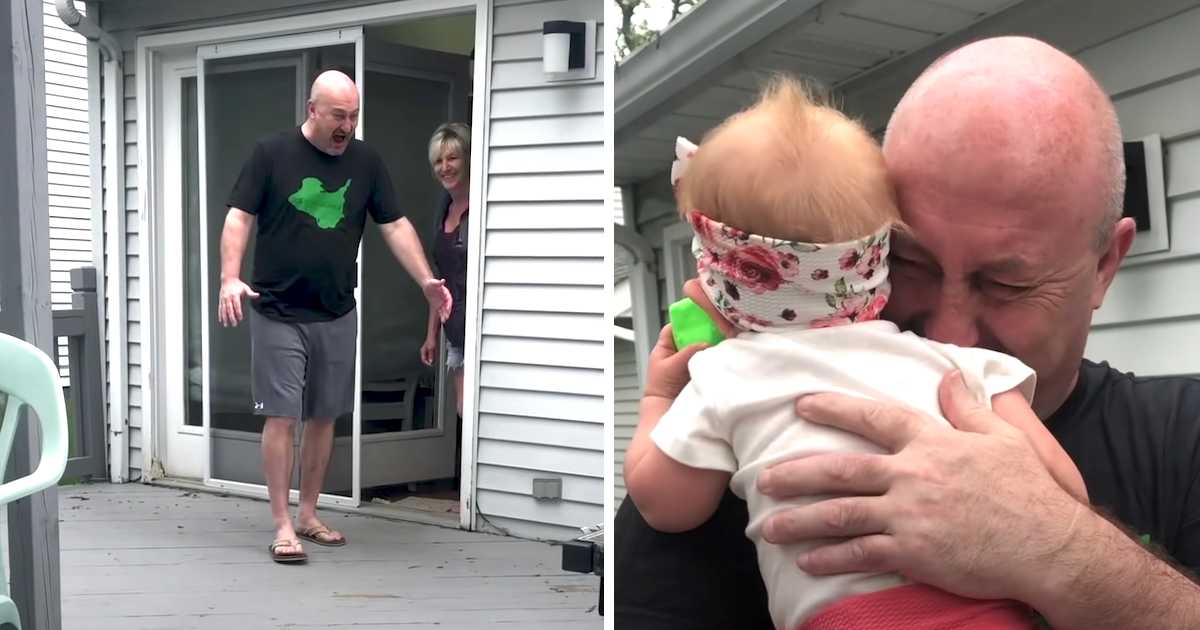 (Split panel): A surprised bald man steps onto a porch with his arms outstretched while a smiling woman stands behind him at the door; in the next panel, the man tearfully hugs a baby wearing a floral headband.