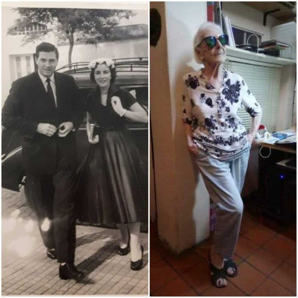 A side-by-side collage showing two photos. On the left, a vintage black-and-white photo of a young couple dressed formally, standing in front of a classic car on a cobblestone street. On the right, a recent color photo of an elderly woman with white hair, wearing sunglasses, a floral blouse, and loose trousers. She’s leaning casually against a wall in a cozy room, with one hand in her pocket and a confident smile.