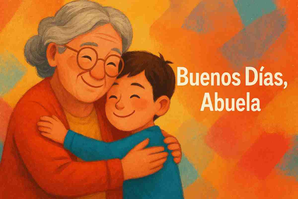 A cheerful, colorful illustration of an elderly Spanish woman with gray hair and round glasses hugging her young grandson. The grandmother wears a red-orange cardigan, and the boy is dressed in a bright blue shirt. Both have their eyes closed and are smiling warmly. The background features abstract brushstrokes in vibrant shades of orange, red, yellow, and blue. On the right side of the image, the text "Buenos Días, Abuela" appears in large, white letters.