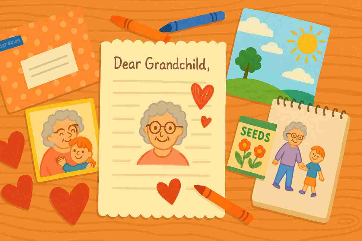 A colorful, heartwarming 2D illustration showing a wooden table filled with sweet mail items from a grandmother to her grandchild, including a handwritten letter with a drawing of Grandma, red paper hearts, a family photo, a packet of flower seeds, crayons, and childlike artwork—perfect for an article about writing good morning letters and heartfelt notes to grandkids.