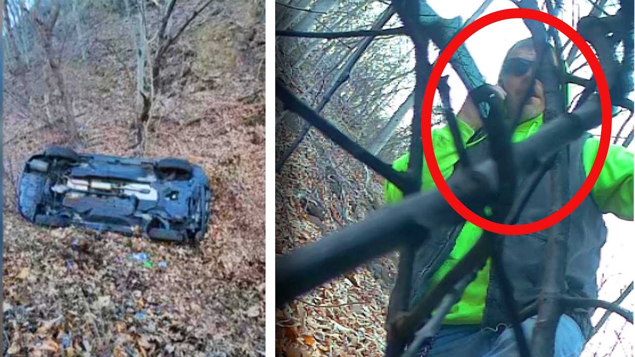 A split image shows a wrecked car lying upside down in a wooded area on the left, and on the right, a man in a neon green jacket is seen through tree branches, looking down with concern while talking on a phone. A red circle highlights the man’s face.