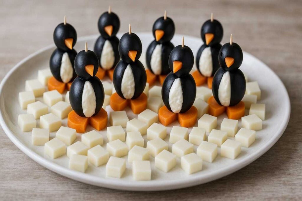 Cute penguin-shaped snacks made from black olives, cream cheese, and carrots, arranged on a white plate with small cheese cubes.