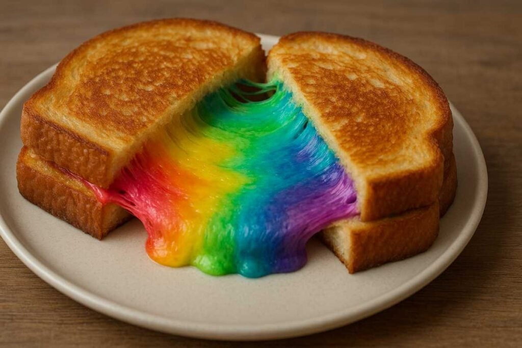 12 Fun and Crazy Recipes Your Grandchildren Will Absolutely Love Making With You 2 A grilled cheese sandwich sliced in half with gooey melted cheese in vibrant rainbow colors stretching between the two halves.