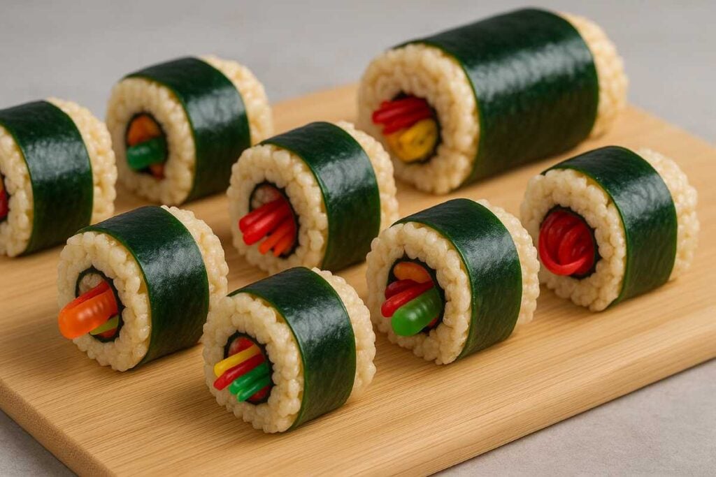 Pieces of dessert sushi made from crispy rice cereal wrapped in green fruit leather and filled with colorful gummy candies, displayed on a wooden board.