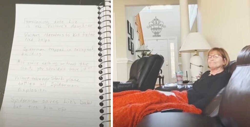 A close-up shot of the woman’s hand writing notes with a pencil in a spiral notebook. The orange blanket is visible, and behind her are the same lamp and colorful cup seen in the previous image.