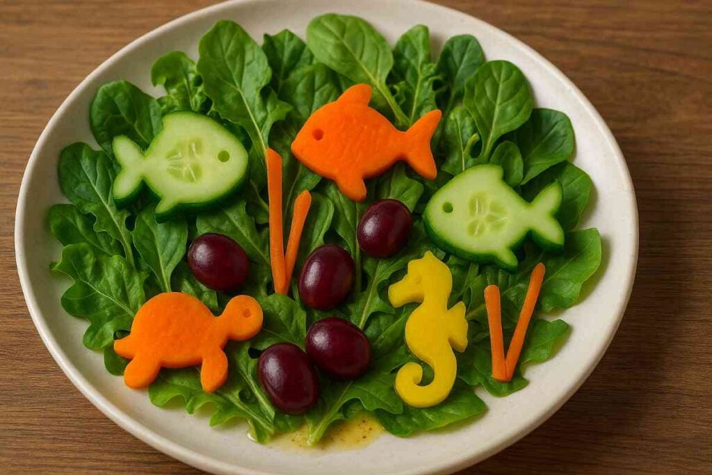 A fun salad made with leafy greens, topped with cucumber and carrot slices shaped like fish, a turtle, and a seahorse, along with red grapes and carrot sticks arranged to look like underwater plants.