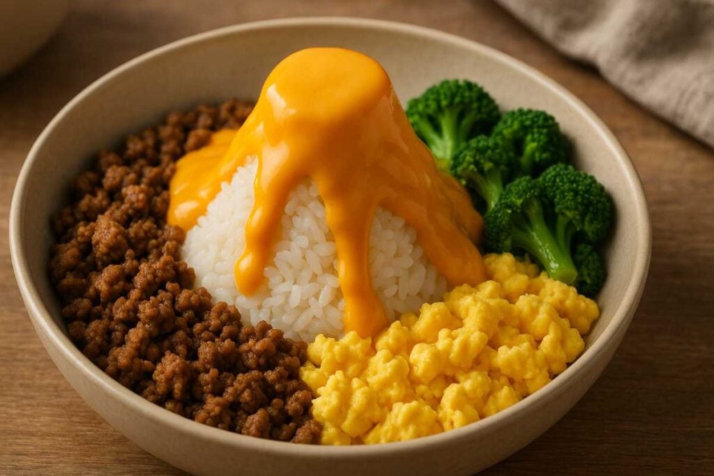 A bowl of food arranged to look like a volcano, with a mountain of white rice topped with flowing melted cheese, surrounded by ground meat, scrambled eggs, and broccoli.