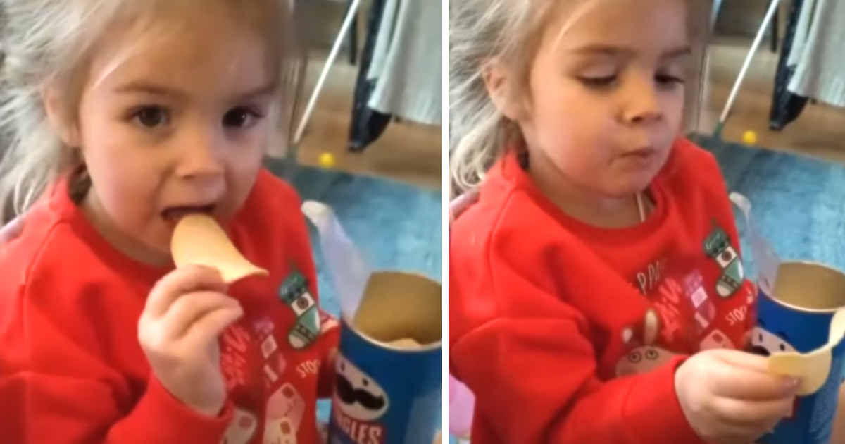 A young girl wearing a red holiday-themed sweater is eating Pringles chips. In the first image, she is about to bite into a chip while holding the can. In the second image, she appears thoughtful or surprised as she examines another chip. The setting appears to be a cozy indoor environment.