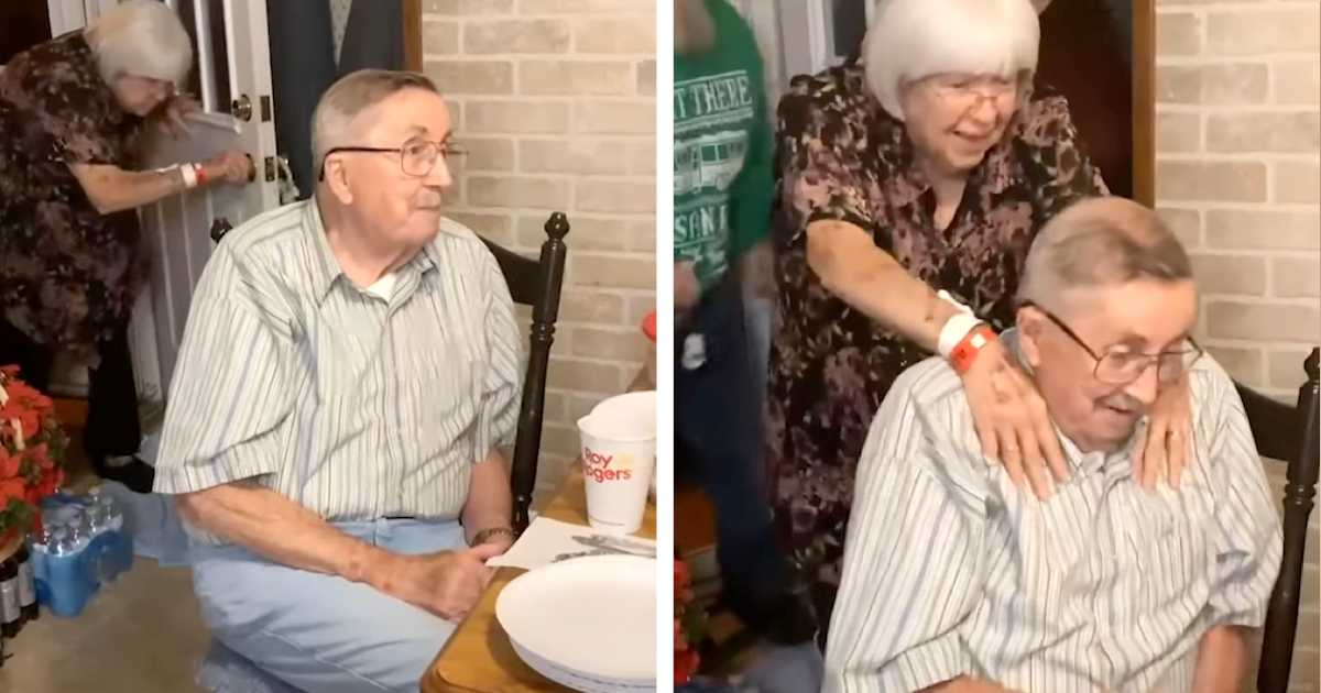 Side-by-side image of an elderly man and woman reuniting indoors. On the left, the man sits at a dining table looking unaware, while the woman quietly enters the room from behind. On the right, she places her hands on his shoulders, surprising him with a joyful smile as he begins to react emotionally.