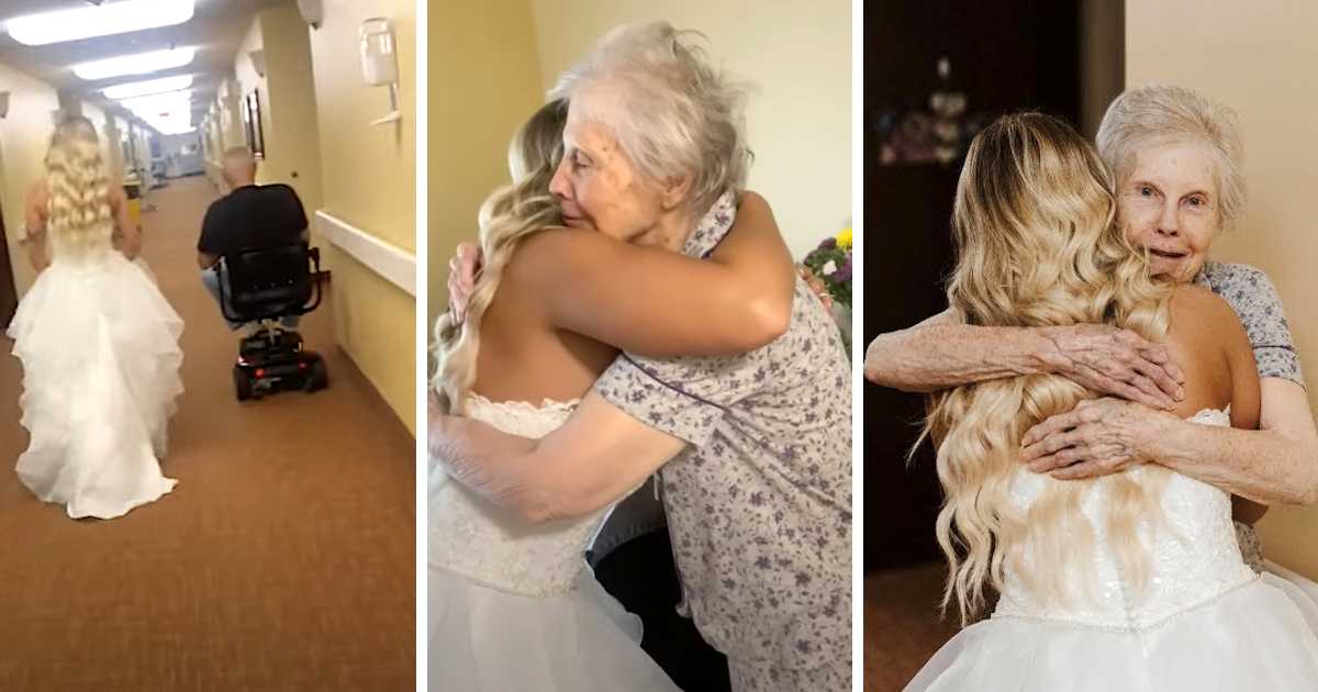 Three-panel image of A young woman in a white wedding dress walks down a nursing home hallway behind a man in a motorized wheelchair, An elderly woman with white hair and a floral blouse tightly hugs her granddaughter, who is wearing a white wedding dress, and A close-up of a heartwarming hug between a smiling elderly woman and her granddaughter in a wedding gown, with the grandmother’s face full of emotion.