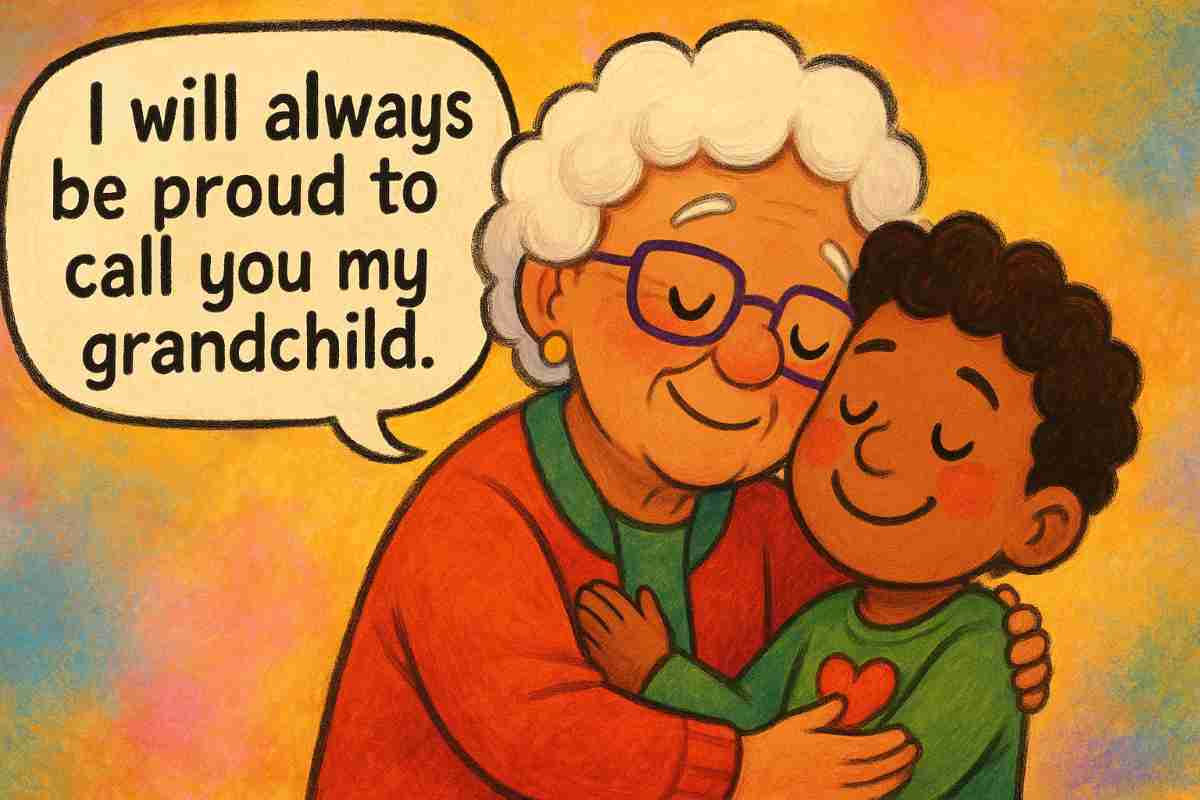 A warm, colorful cartoon-style illustration shows a loving grandmother hugging her young grandson. The grandmother has white curly hair, purple glasses, and wears a cozy red-orange sweater. She smiles with her eyes closed, gently resting her cheek on the boy’s head. A speech bubble above her reads, “I will always be proud to call you my grandchild.” The grandson, a Black boy with curly dark hair and a green shirt with a red heart on it, smiles softly with his eyes closed, leaning into the embrace. The background is a swirl of bright orange, pink, and blue, adding a joyful, heartfelt feel to the scene.
