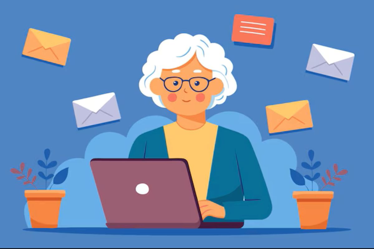 A cheerful cartoon grandmother with white hair and glasses typing on a laptop, with envelopes floating around her against a blue background.
