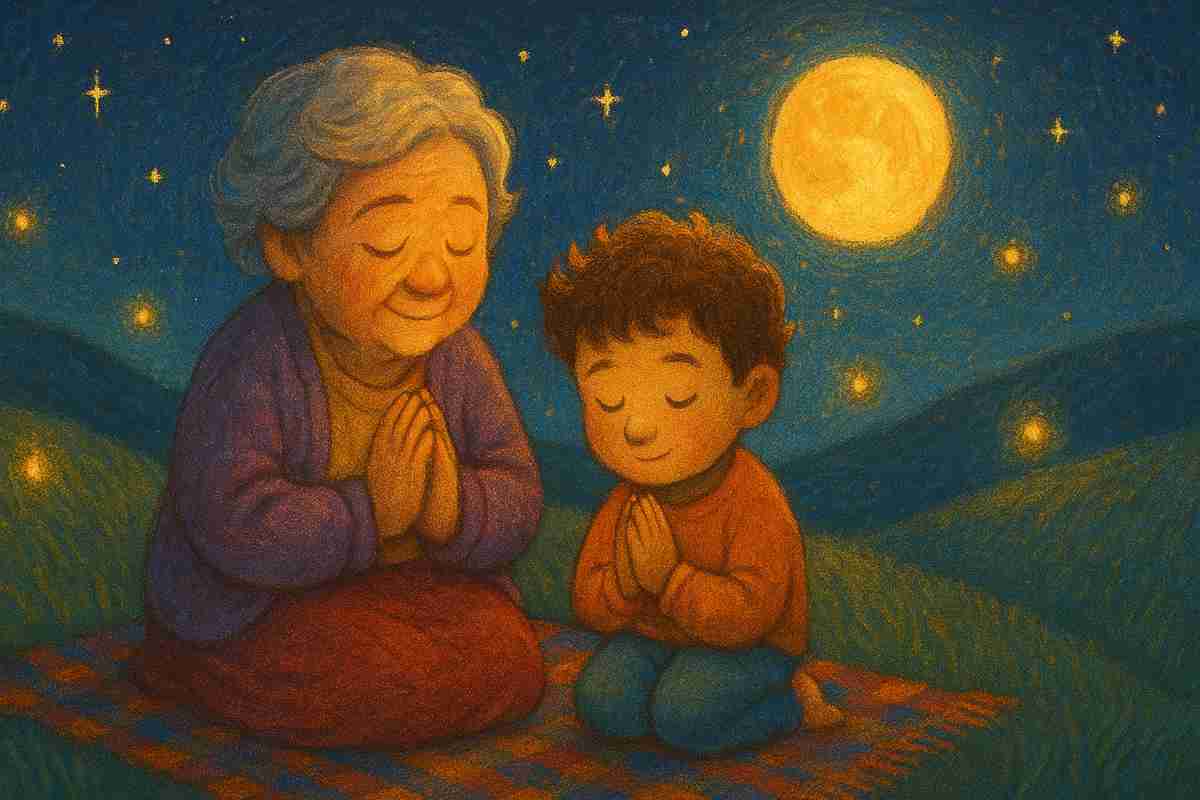 An elderly woman and a young boy are kneeling on a colorful checkered blanket under a starry night sky, both with their hands pressed together in prayer. The woman has gray hair, wears glasses, a purple cardigan, and a red skirt, while the boy wears an orange shirt and blue pants. A full moon glows brightly above them, casting a gentle light over the rolling grassy hills in the background.