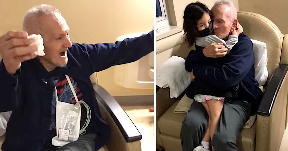 Split image of an emotional reunion between an elderly man and a young girl. On the left, the man sits in a chair with his arms wide open and a joyful expression, holding a tissue and medical bag attached to his chest. On the right, he embraces and kisses a young girl sitting on his lap, both of them smiling and holding each other tightly in a heartfelt moment.