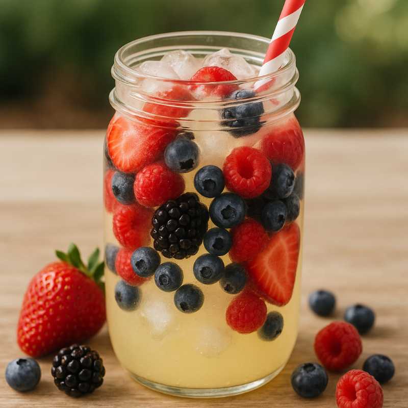 A mason jar filled with ice, lemonade, and a mix of fresh berries including strawberries, raspberries, blueberries, and blackberries. A red and white striped straw sticks out from the top, and extra berries are scattered on the wooden surface around the jar.