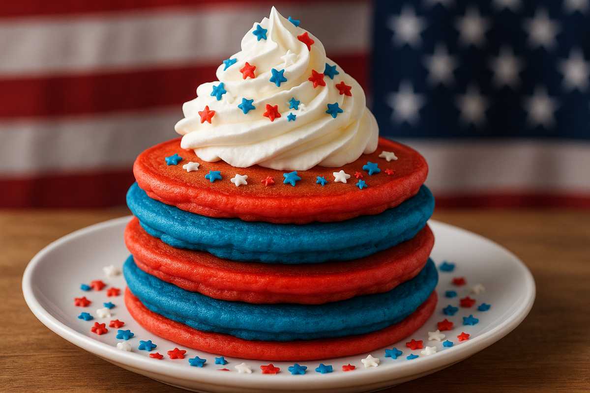 A stack of red and blue pancakes topped with a swirl of whipped cream and decorated with red, white, and blue star-shaped sprinkles. The plate is surrounded by more sprinkles, and an American flag serves as the background.