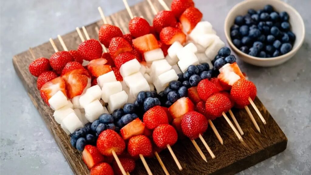 Wooden skewers arranged on a cutting board with alternating layers of strawberries, blueberries, and white fruit cubes resembling a flag pattern. A bowl of loose blueberries sits nearby.