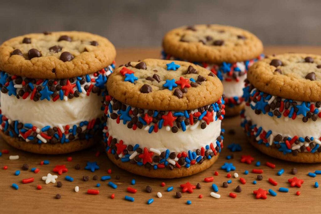 Ice cream sandwiches made with chocolate chip cookies and thick layers of vanilla ice cream. The edges are coated in red, white, and blue sprinkles, with extra sprinkles scattered on the wooden surface.