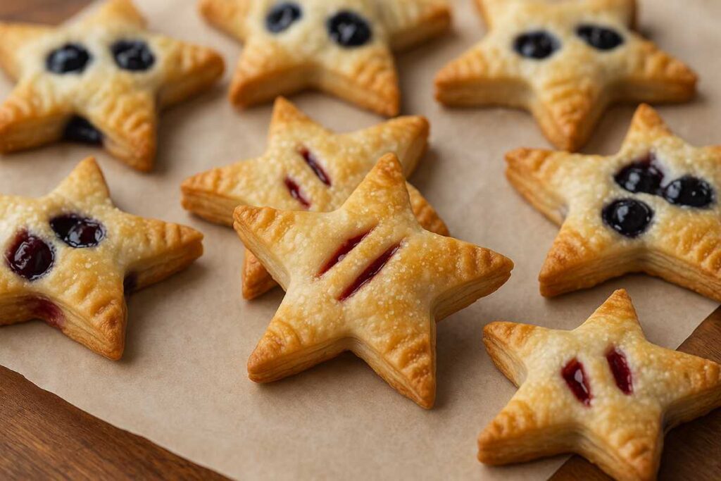 Star-shaped mini pies made with golden brown pastry and filled with berry jam. Some have two or three jam dots in the center, while others have jam lines. They are arranged on a piece of parchment paper.