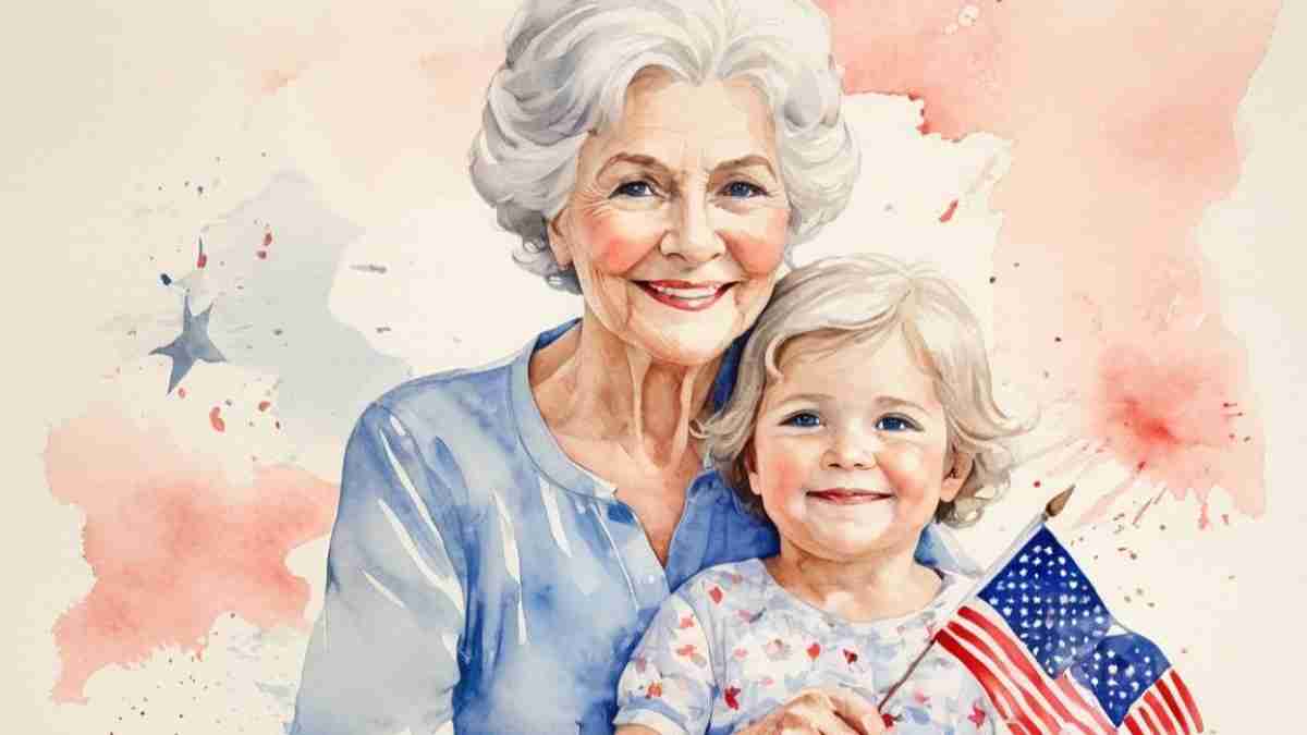 A watercolor-style illustration of a joyful elderly woman with white hair and a blue blouse holding a smiling young child with light blonde hair. The child is wearing a shirt with red and blue patterns and holding a small American flag. The background features soft red and blue star-shaped splashes, giving a festive, patriotic feel.