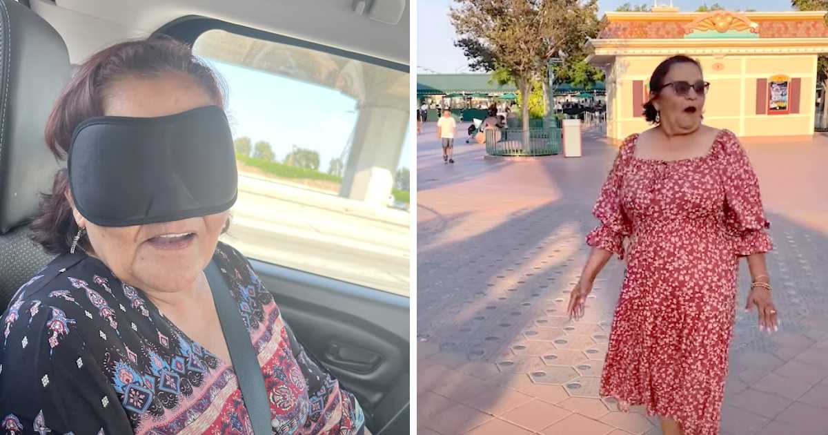 Split image of a joyful older woman experiencing a surprise. On the left, she sits in a car wearing a sleep mask, smiling as if unaware of her destination. On the right, she stands outside what appears to be a theme park entrance, wearing a red floral dress and looking amazed.