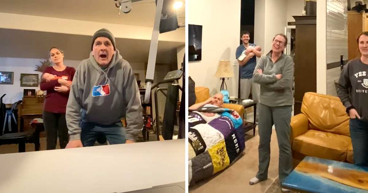 Split image capturing emotional family moments. On the left, a surprised older man in a hoodie leans forward in excitement, while a woman behind him holds a newborn baby. On the right, several family members stand in a cozy living room, smiling and laughing; one man lies on the couch under a colorful quilt, while another in the background gently cradles a baby.