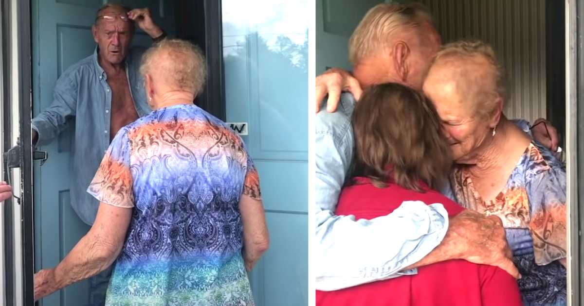 Split image showing a touching reunion. On the left, an older man stands at an open door, visibly surprised as he sees an elderly woman facing him. On the right, the same man embraces the woman and another person in a warm, emotional group hug inside the doorway.
