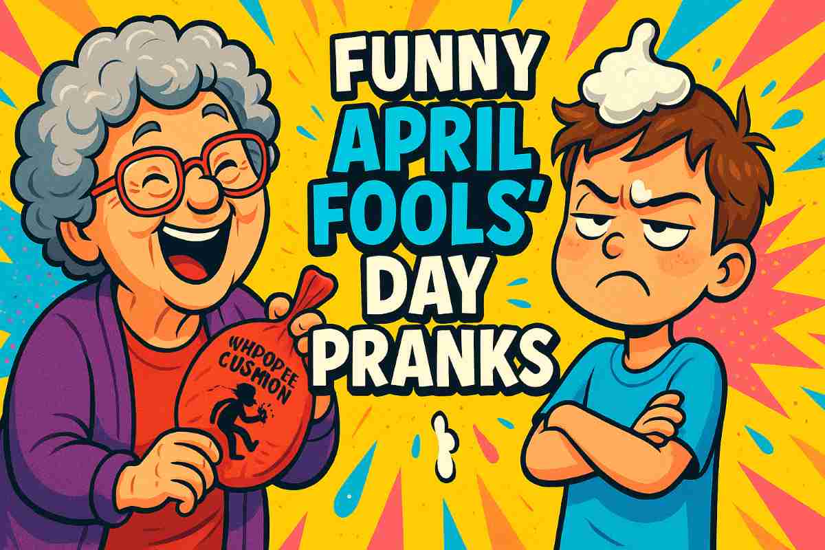 A colorful cartoon-style illustration of a laughing grandma holding a whoopee cushion while her grandson stands beside her with a grumpy face and whipped cream on his head, set against a bright burst background with the words "FUNNY APRIL FOOLS' DAY PRANKS" in bold contrasting letters.