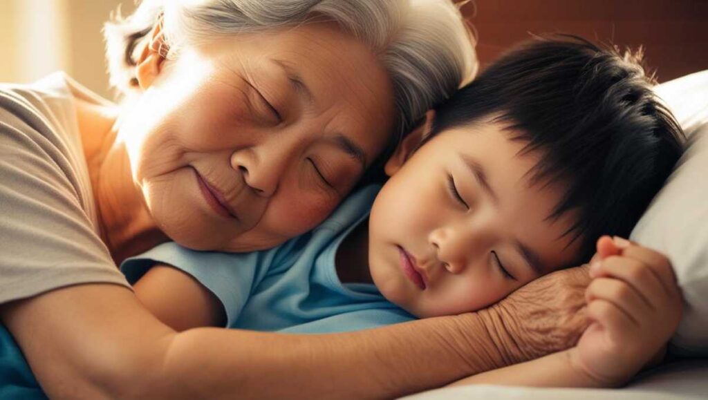 An elderly woman with gray hair lovingly cuddles with her young grandson as they both sleep peacefully in bed. Their faces rest close together, with the woman’s arm gently wrapped around the boy. Soft lighting creates a warm, serene atmosphere.